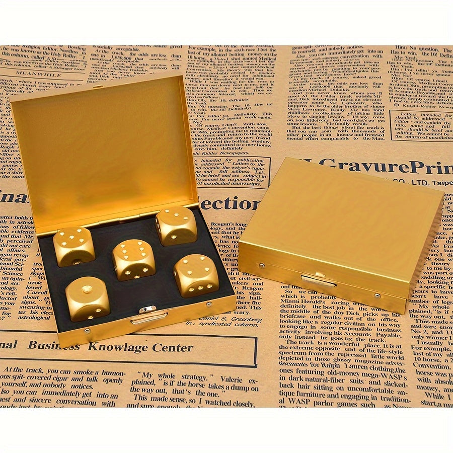 Premium set of 5 golden aluminum alloy dice with storage box - Ideal for party games, easy to read and accurate. Great for party games.