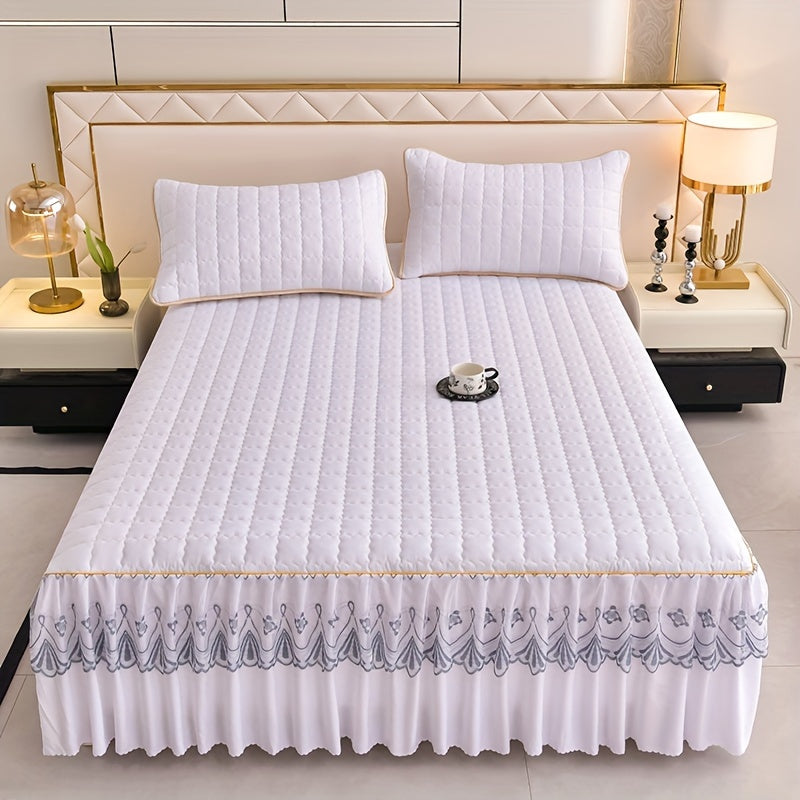 Luxury bedding set includes quilted edge bed skirt, 2 pillowcases, mattress protector, bed sheet, and duvet cover. Skin-friendly, breathable, and easy to maintain. Suitable for various