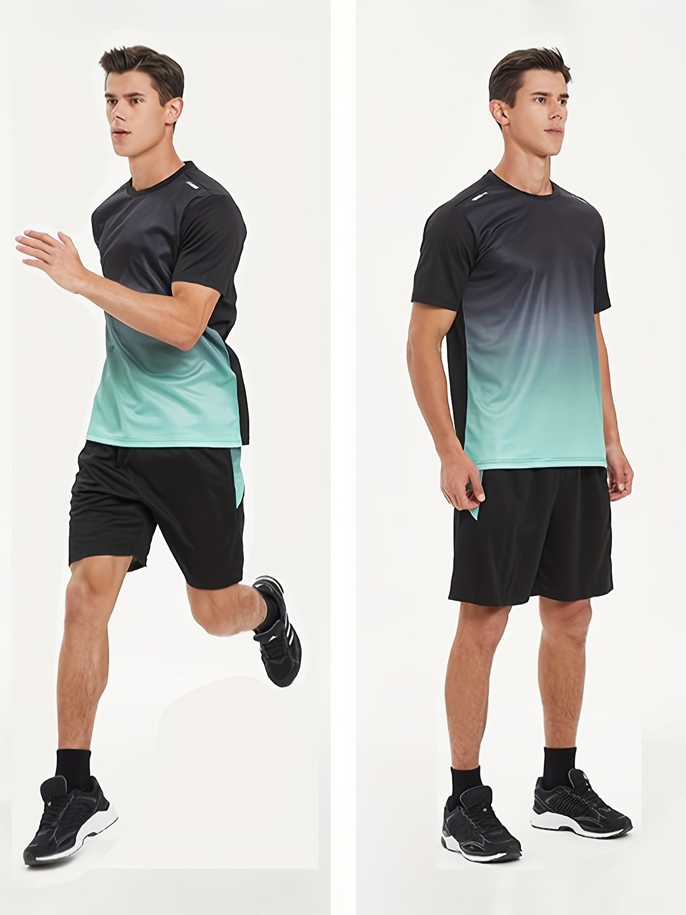 Breathable running and fitness sportswear for men, including quick-dry short-sleeve shirt, basketball gear, and summer tank top.