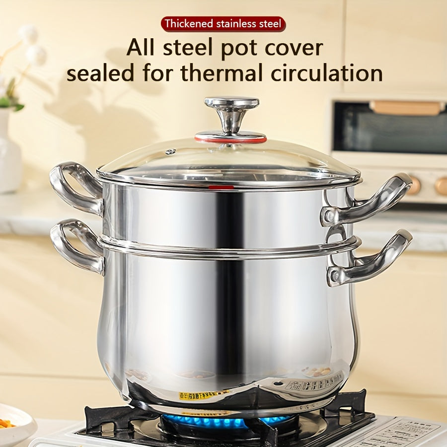 Stainless Steel Double-Layer Steamer Set with 3 Pieces - Perfect for Home, Parties, and Restaurants - Large Capacity, Dual Handles, Deep Soup Pot, and Dishwasher Safe