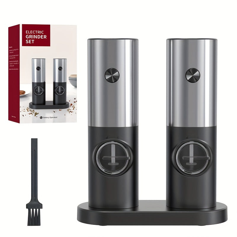 Set of 2 stainless steel electric salt and pepper mills with holder. These automatic mini smart grinders have adjustable coarseness and are battery operated (AAA). Requires 4 batteries (not included).