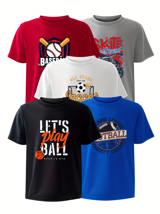 Boys' 5pcs Quick-Dry Sports T-Shirts - Ideal for Basketball, Soccer, Football, & Baseball Training and Casual Wear