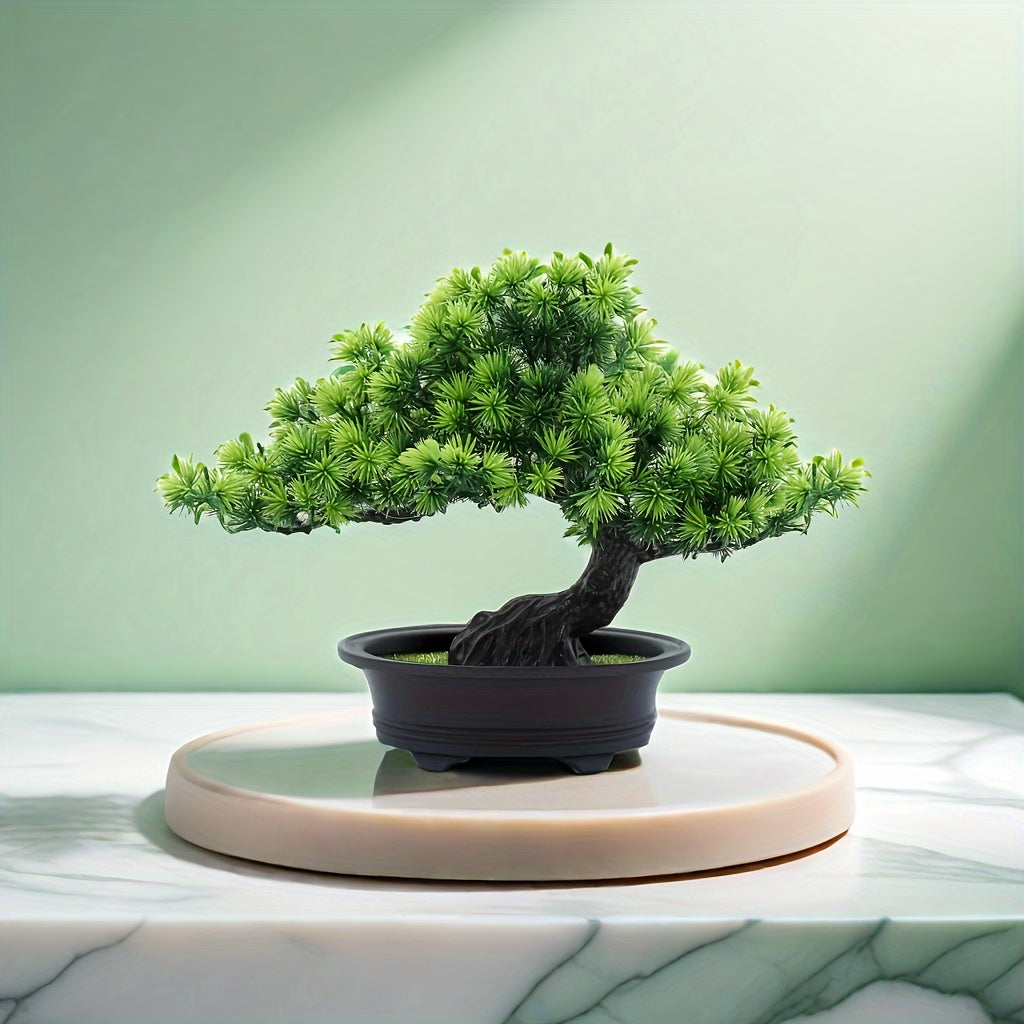 1 Artificial Pine Bonsai Tree in Black Pot - 24.13cm Tall, Low Maintenance Indoor Greenery for Home Decor