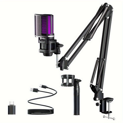 ZealSound USB Gaming Microphone Kit with Boom Arm, RGB Light, and Plug&Play feature for streaming on PC and computer in Black.