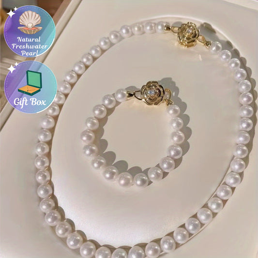 Vintage luxury style Elegant Freshwater Pearl Jewelry Set featuring a beautiful Camellia clasp, includes both necklace and bracelet. Ideal for Mother's Day and special occasions.