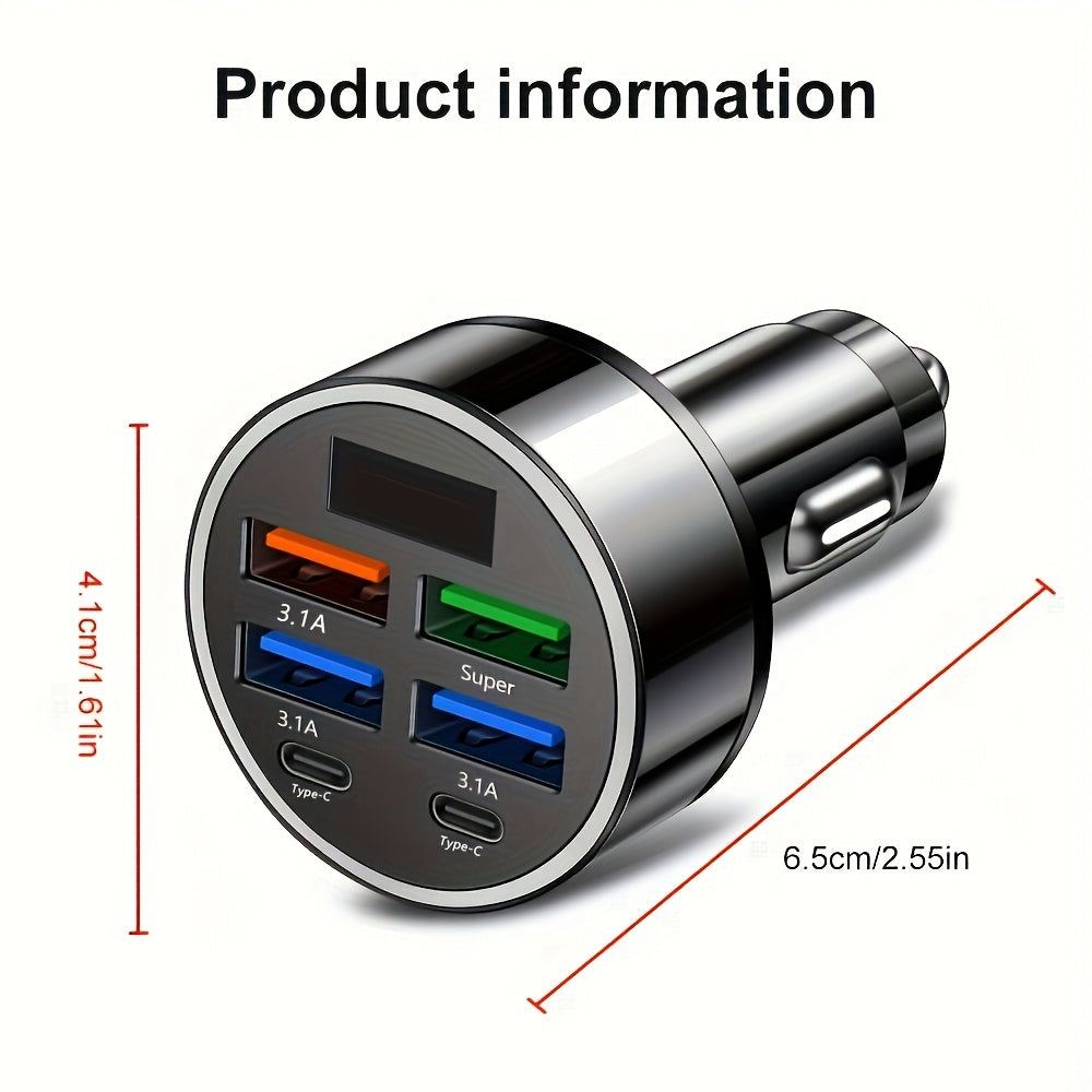 6-in-1 car adapter with fast charging capabilities for smartphones, tablets, and power banks, featuring dual Type-C ports and a digital display in a sleek black design.