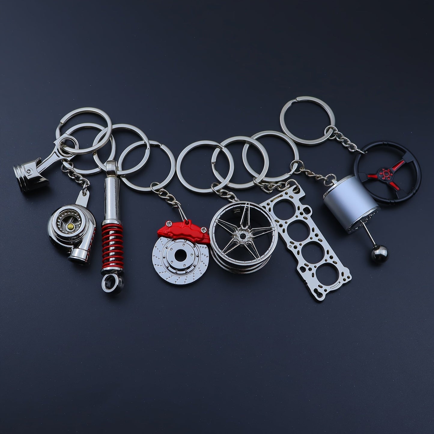 Car Enthusiast Keychain Set - 8 Pieces of Sleek Black Zinc Alloy Keychains, Showcasing Engine Components and More - Ideal Gift for Men