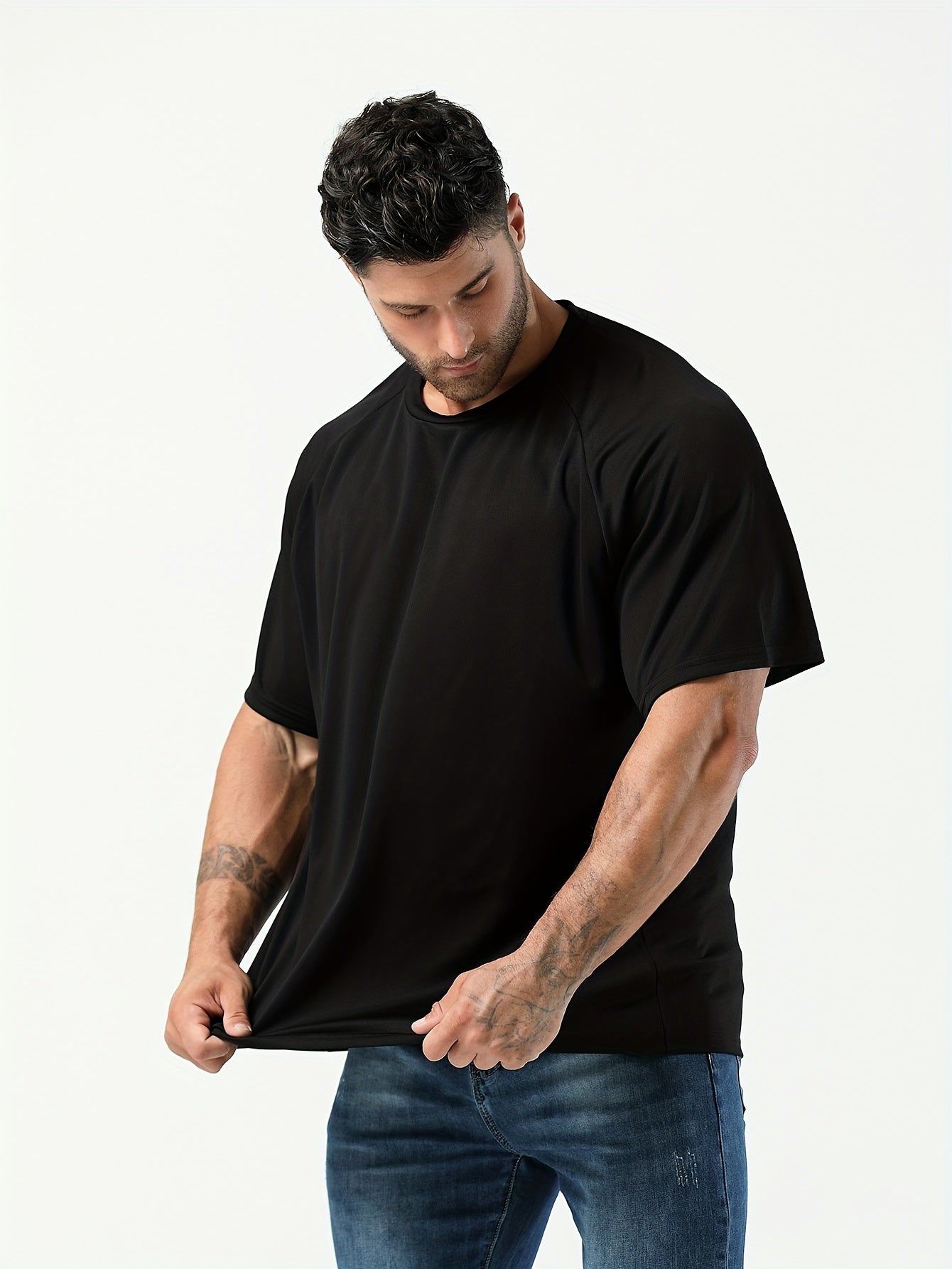 Plus-size men's moisture-wicking short-sleeve T-shirt for casual sports.