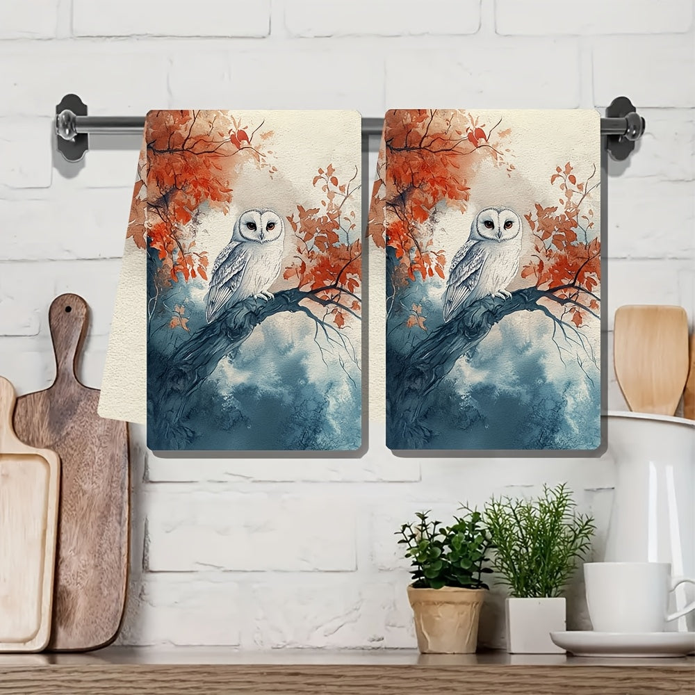 Two ultra soft kitchen towels featuring a serene owl and autumn scenery design. These highly absorbent and machine washable dish hand towels measure 40.64x60.96 cm. Perfect for holiday decor and daily use in the kitchen.