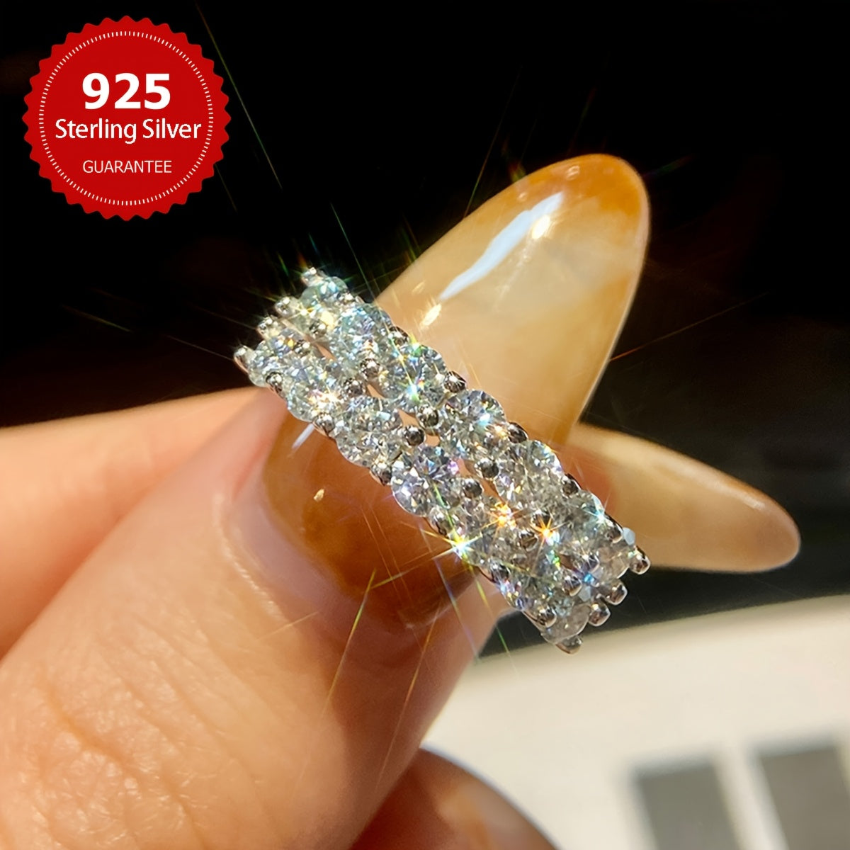 One piece of a 3mm double row Moissanite diamond engagement ring, featuring 0.1ct Moissanite stones totaling 1.4CT. Made of silvery S925 sterling silver, with a gram weight of approximately 2.9g for 5 yards, 6 yards, 7 yards, 8 yards, and 3.15g for 9