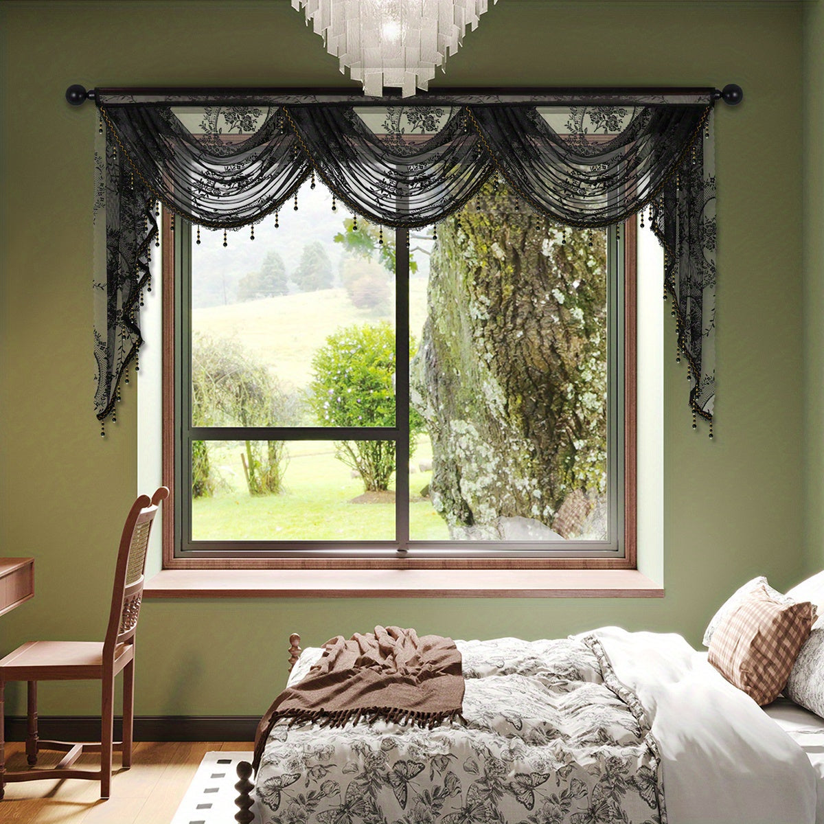 This European style wave curtain features a beautiful black lace valance with a flower pattern. The short curtain is designed with a rod pocket, making it suitable for windows and doors. Add a touch of elegance to your living room with this decorative