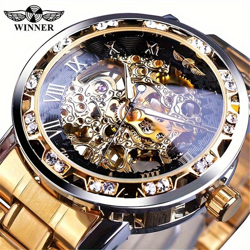 Men's Mechanical Watch with Skeleton Design, Rhinestone Accents & Stainless Steel Band.