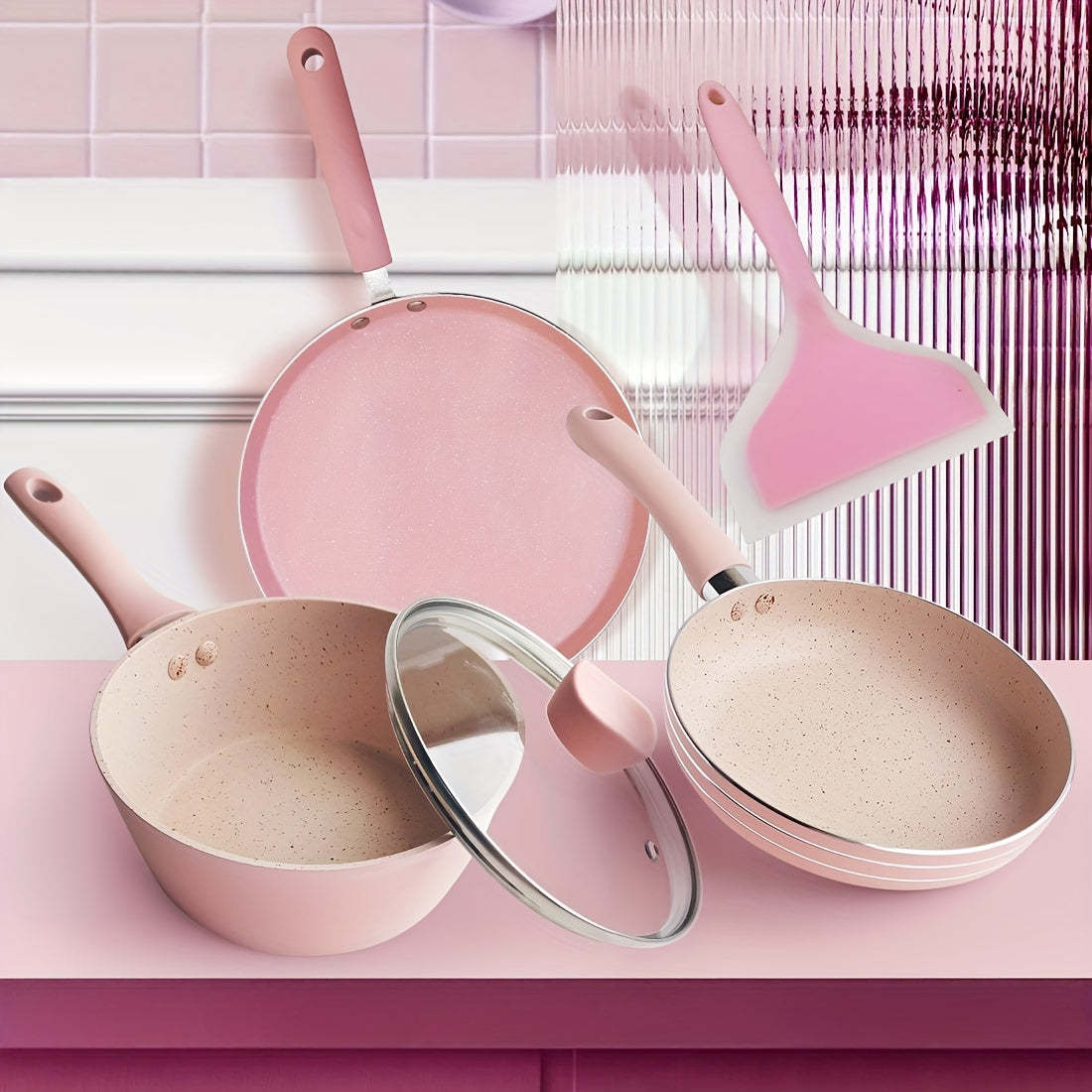 Set of 4 pink mini pots and cooking utensils for 1 person, including a flat bottom pot, egg frying pan, silicone spatula, soup pot, and milk pot. Perfect for a pink-themed restaurant, with additional pancake and crepe pans included.