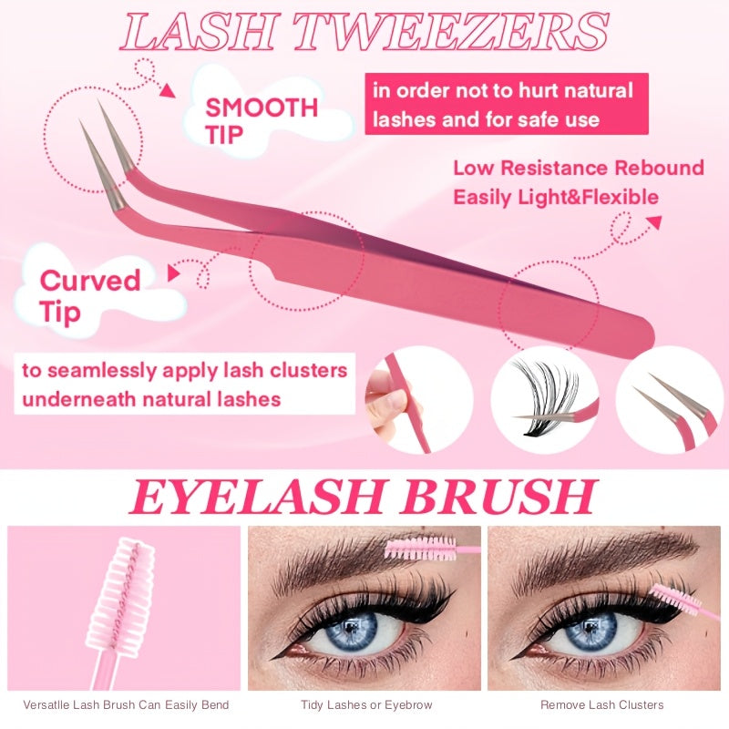 DIY Eyelash Extension Kit with 800pcs D-Curl Doll lashes in various styles and thicknesses, 9-16mm Mix Lash Clusters, and essential tools for easy at-home application.