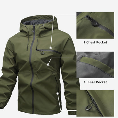 Outdoor men's jacket 1825 with windproof and waterproof design, hood, solid color, and multi-pocket.