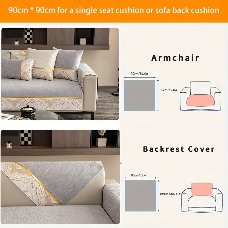 Chenille sofa cover in neutral tones with golden accents, suitable for all seasons, non-slip and pet-friendly, fits 1-4 seater L-shaped sofas. Machine washable and ideal for contemporary