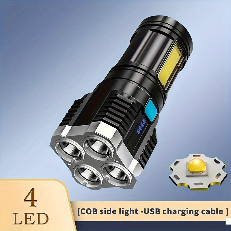 USB rechargeable LED flashlight with 4 modes and COB side light, perfect for outdoor activities.