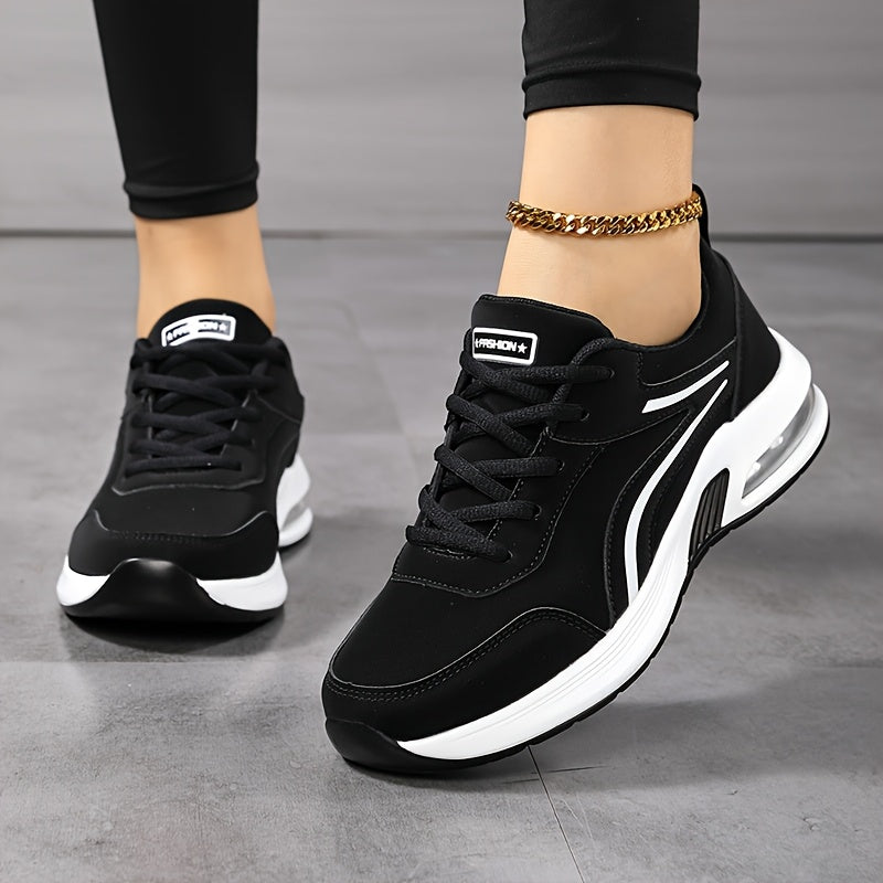 Women's fashion sneakers with non-slip waterproof sole, lace-up design, microfiber upper, and PU sole.