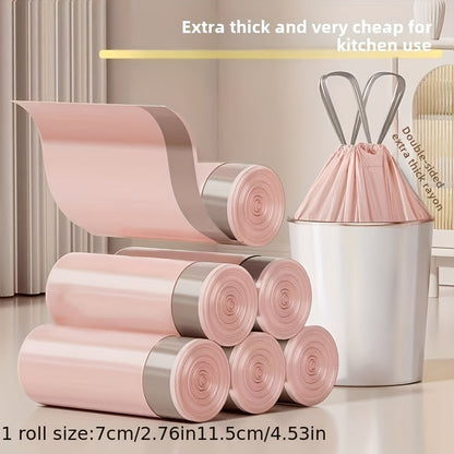 A pack of 100 super thick pink garbage bags with drawstrings, made from puncture-proof plastic. These versatile bags are perfect for use in the kitchen, bedroom, living room, and bathroom, making them a convenient and essential disposable item for any