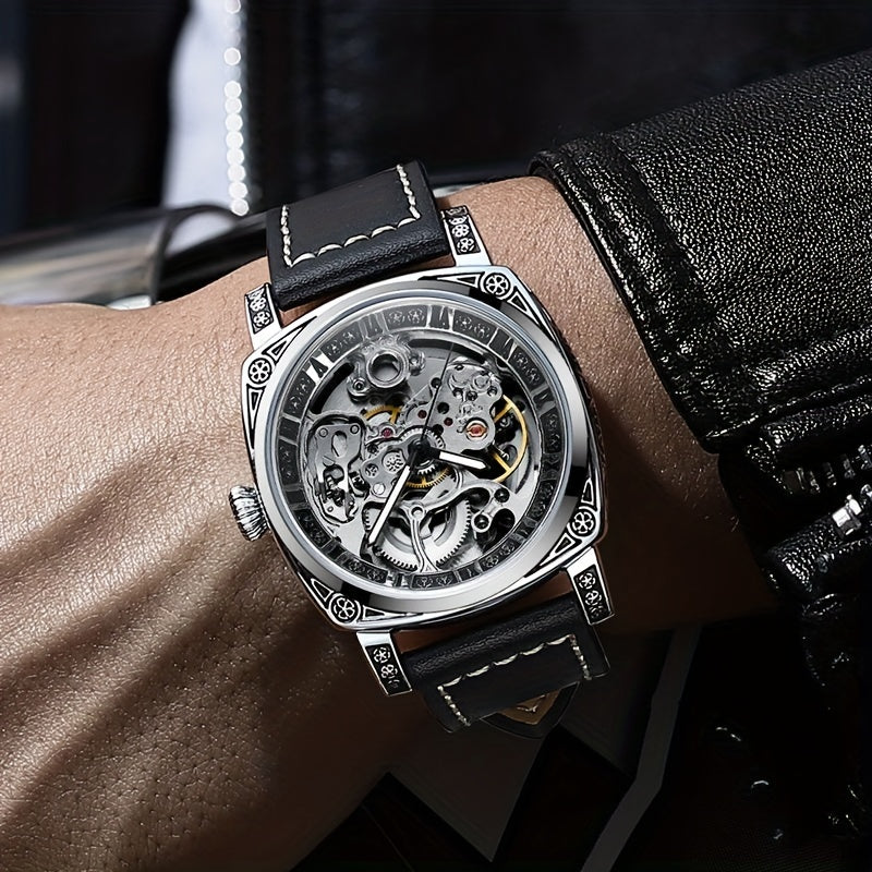 Men's retro hollow-out automatic mechanical watch in silver