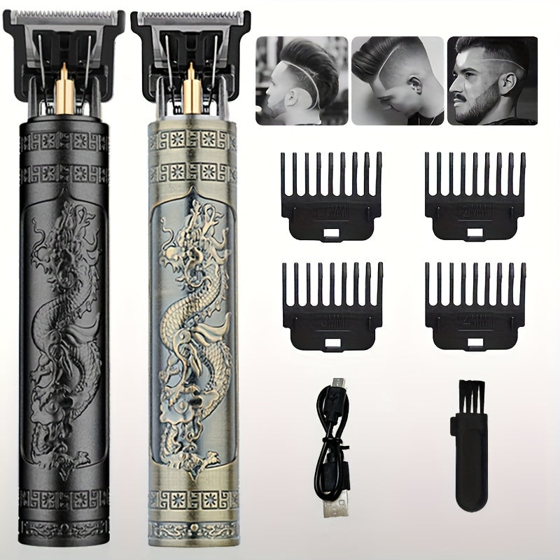 USB rechargeable hair clippers for men with guide combs for precise haircuts.