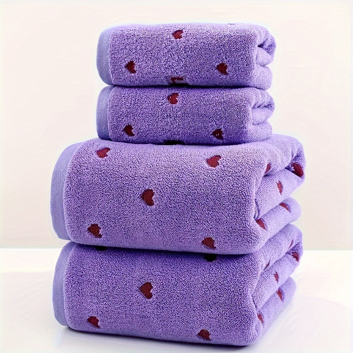 100% Cotton Towel Set with Heart Pattern, 2 pieces. Includes 1 hand towel (34x75cm) and 1 bath towel (70x140cm). Soft, absorbent, unscented. Great for couples, home use, and Valentine's Day