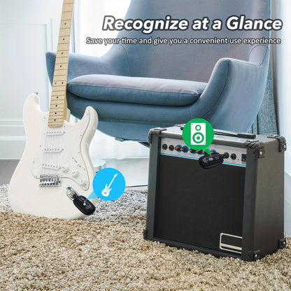 Wireless guitar pickup system with built-in rechargeable lithium battery for audio transmission in electric instruments.