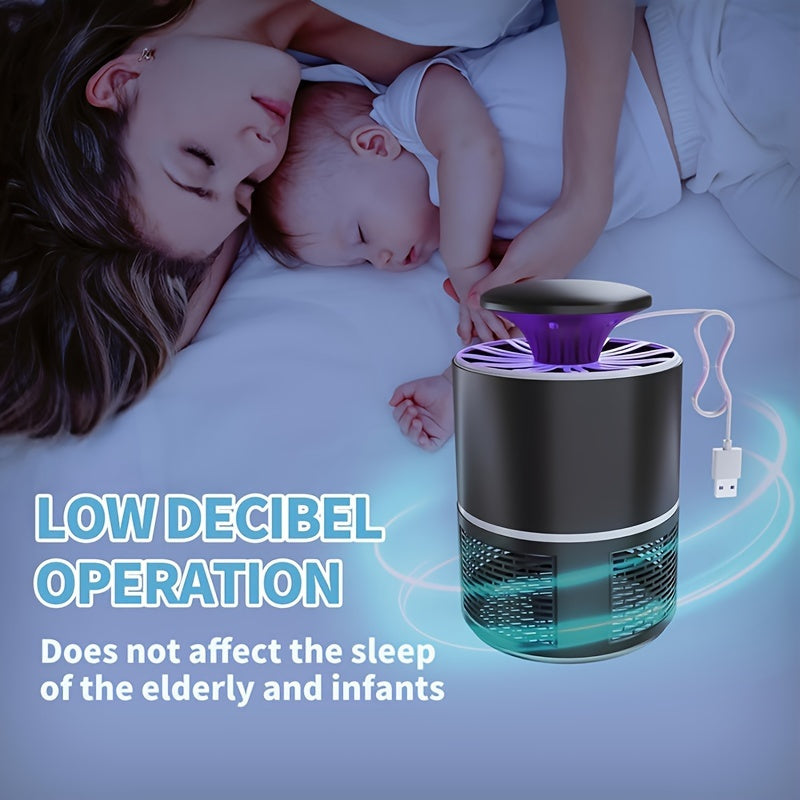 Sleek black USB-powered mosquito repellent lamp with low-decibel operation.Silent, automatic indoor device safe for youngsters and elderly.