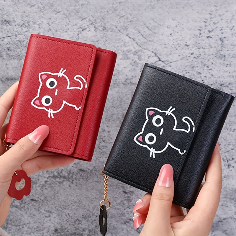 Girls' Tri-Fold Wallet with Adorable Pink Cat Cartoon Design - Compact Faux Leather Coin Purse with Keychain, Stain-Resistant & Lightweight - Ideal for Travel & Daily Use