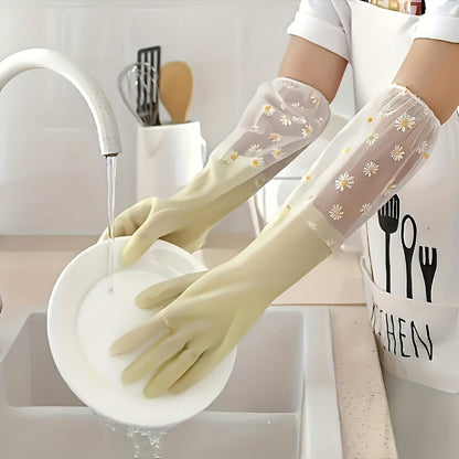 '- Keep your hands dry with 1 Pair of Long-Sleeve Waterproof PVC Cleaning Gloves - Perfect for Kitchen, Dishwashing, and Laundry Tasks - Non-Slip and Durable for all your Household Chores - Alcohol-Free Essential for Your Home