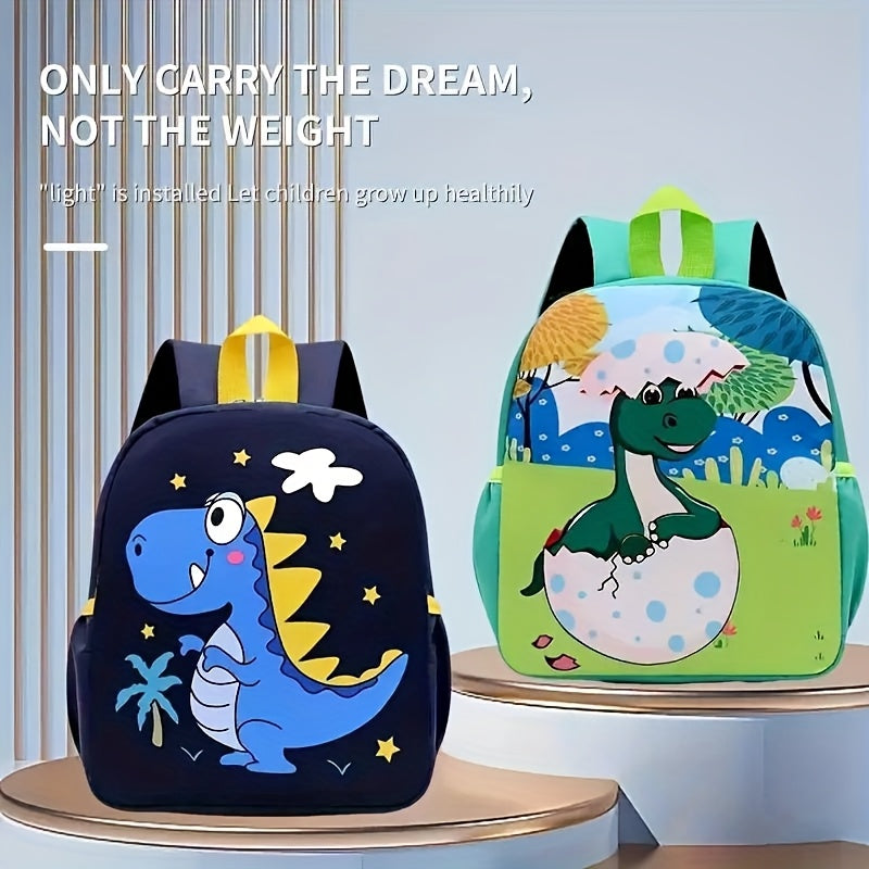 Kids' dinosaur backpack: durable, waterproof nylon with adjustable straps, machine washable, blue with yellow accents for school & outdoor activities