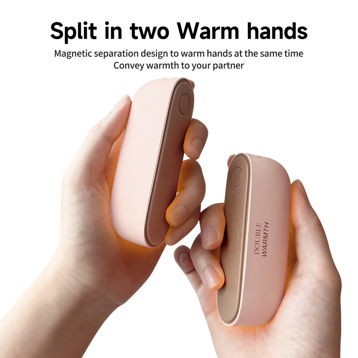 Two rechargeable hand warmers with magnetic USB-C electric heaters, compact pocket size, providing up to 140°F of heat. Perfect for outdoor activities and camping.