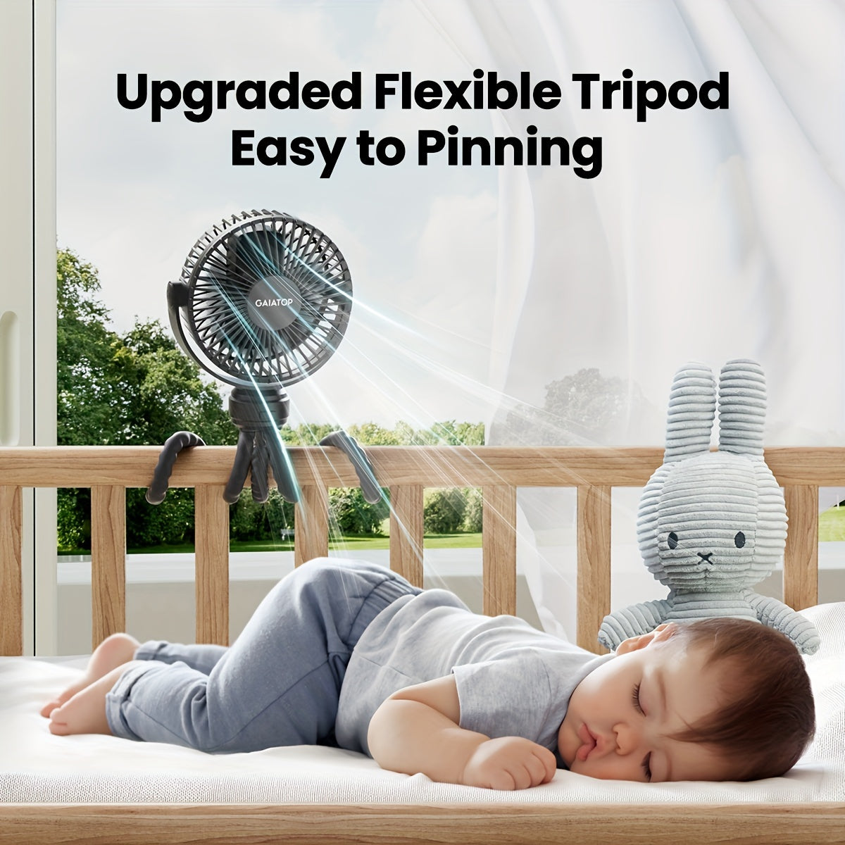 Small clip-on fan, rechargeable portable stroller fan with 3 speed settings, detachable and flexible, 360° rotation for handheld or desk use. Operates on battery power.