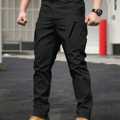 Men's Tactical Cargo Pants in solid color, made with 100% polyester. Features street style, regular fit, all-season wear, slight stretch, multi-function pockets, and zipper. Suitable for