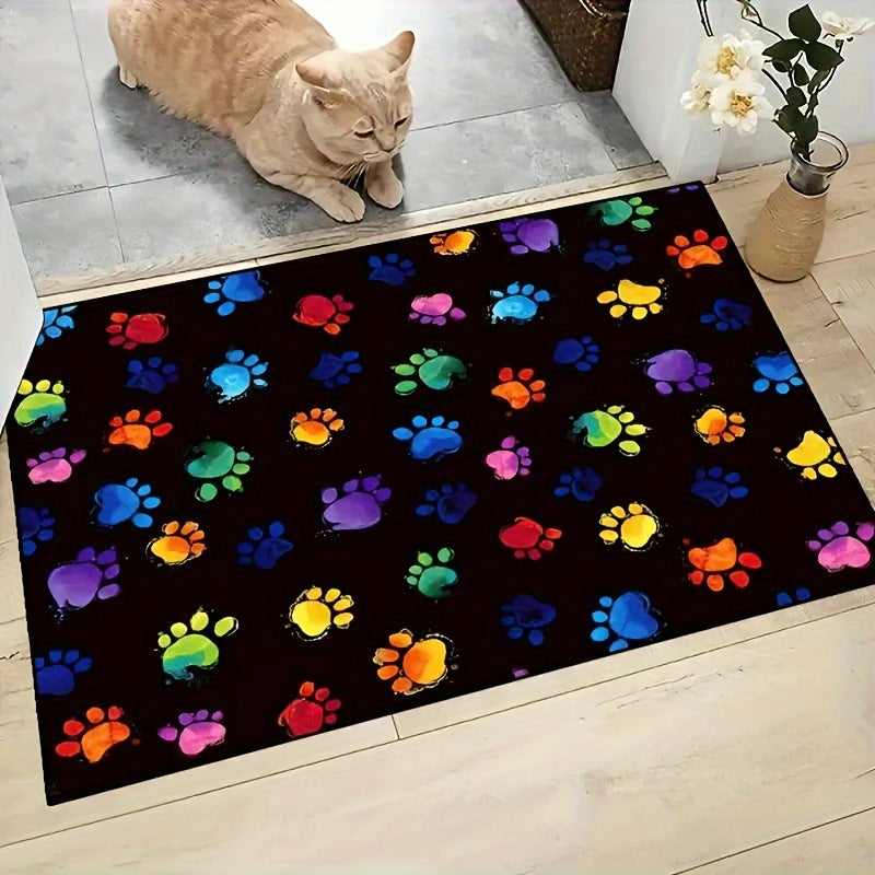 Vibrant Paw Print Door Mat with Non-Slip Backing - Resistant to Oil, Water, and Stains, Perfect for Entryways, Kitchens, Living Rooms, Laundry Rooms, and Bathrooms - Easy to Clean Polyester Rug for Home Décor