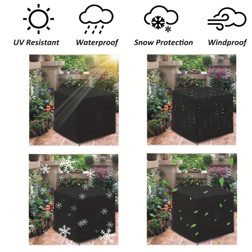 The EasyJoy 1-Pack All-Season Air Conditioner Cover is made of durable Oxford fabric that is UV resistant, waterproof, dustproof, and windproof. It features an elastic drawstring for easy installation and comes with a storage bag for convenience. This