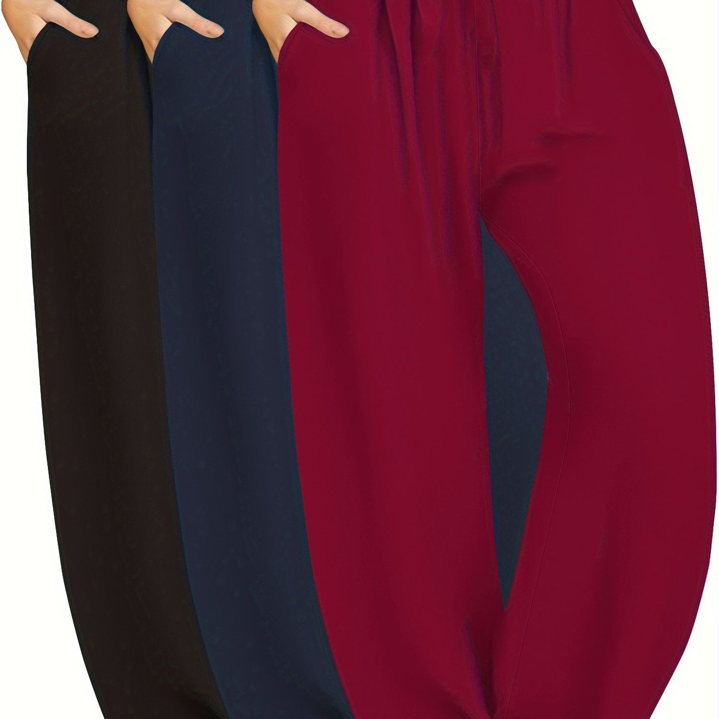 3-Pack of plus size high waist wide leg pants with drawstring and pockets. Made with high stretch knit fabric (88% polyester, 12% elastane) in a solid color, long length suitable for all