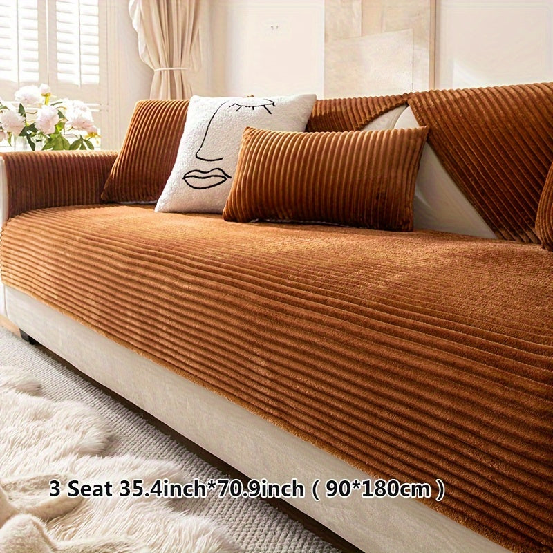 Thick plush sofa cover with stripes for winter, non-slip and anti-dirty. Modern style for home protection and decoration.