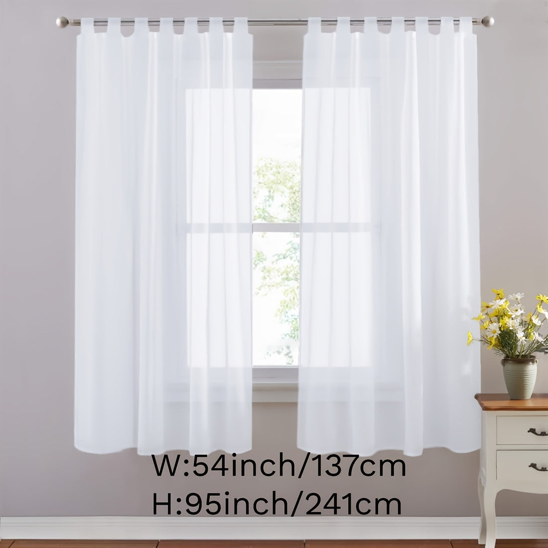 Set of 2 lightweight solid white sheer curtains with tab tops, perfect for bedroom, living room, and dining room. Includes 2 pieces.