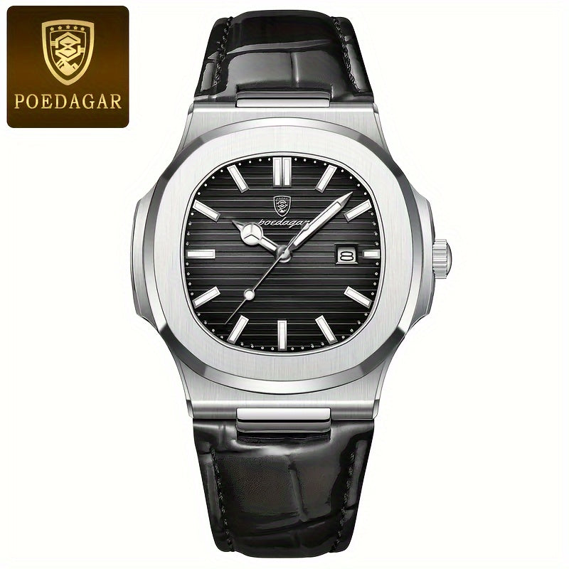 POEDAGAR Men's Fashion Watch with Night Glow Calendar, High Quality Leather, and Quartz Movement