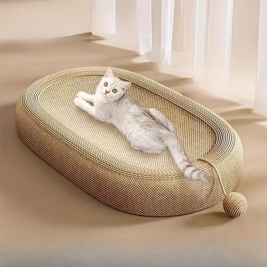 Durable oval cat scratching post with sword hemp rope, ideal for healthy scratching. Perfect winter gift for cats. Includes enclosed design for entertainment.