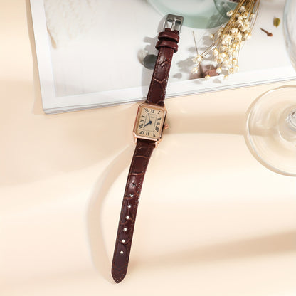 Women's Retro PU Leather Quartz Watch with Rectangle Pointer and Rome Fashion Analog Style