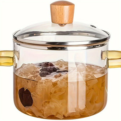 [Top Pick] 1.5 Liter/52 Ounce Borosilicate Glass Soup Pot with Yellow Handle - High Heat Resistant Clear Cooking Pot with Lid - Ideal for Use on Stove and in Oven