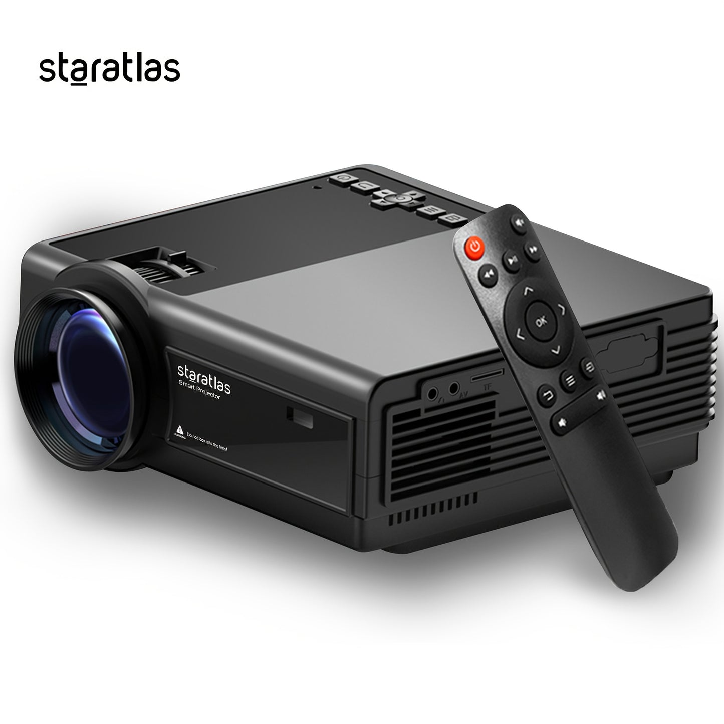 Portable WiFi projector with native 1080P resolution, 7.62m display, outdoor movie capability, and compatibility with USB, AV, Fire Stick, smartphones, and office electronics.