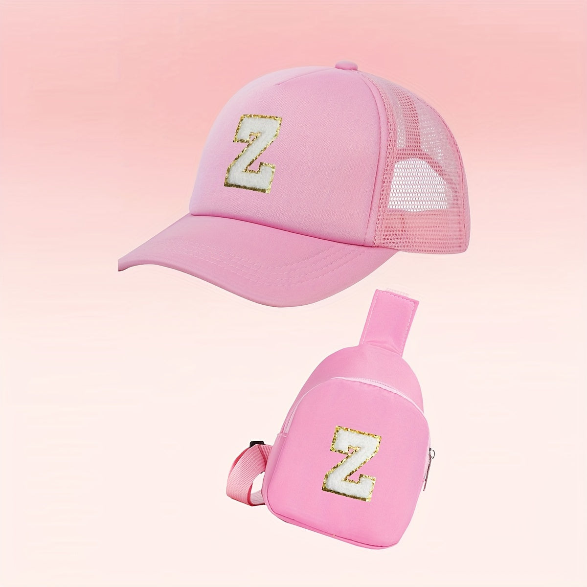 Alphabet-themed 2-piece set for girls includes a polyester baseball cap and bag, suitable for ages 3-14. Features a fitted, breathable design ideal for daily wear and special occasions