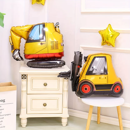 Set of 4 construction vehicle foil balloons for birthday parties and home or classroom decorations. No electricity required for easy universal holiday celebration.