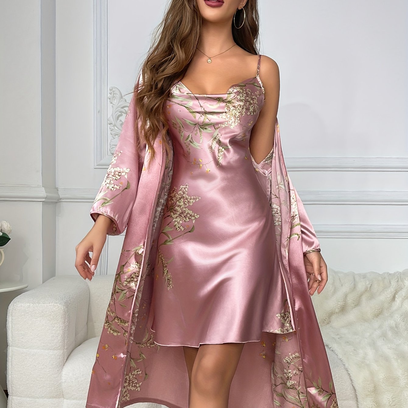 Cherry print satin robe set for women, made of 100% polyester with a cowl collar. Perfect for all seasons, lightweight at 90g/m². Includes 2 pieces for loungewear.