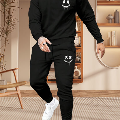 2-piece men's casual tracksuit set with crew neck sweatshirt and joggers in cartoon print polyester. Features slight stretch knit fabric and drawstring detail for all-season comfort.