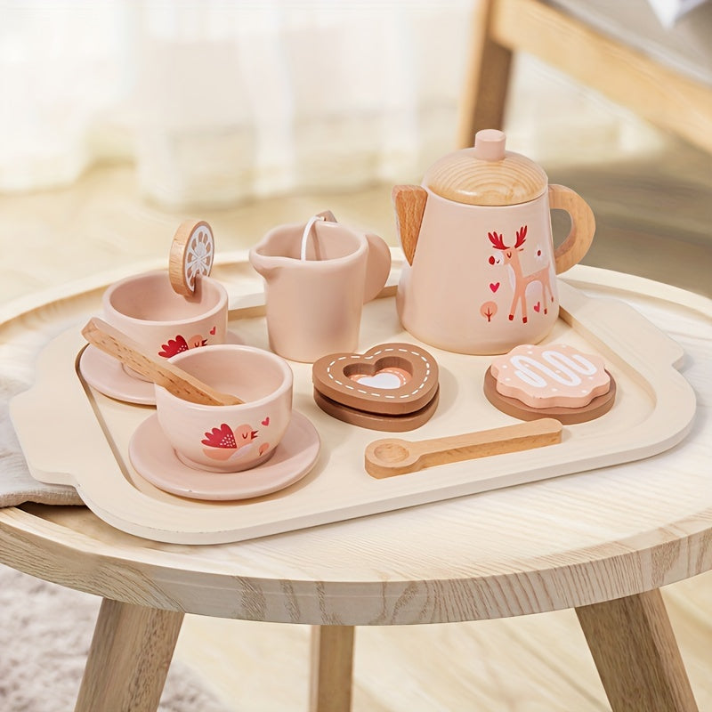 Wooden tea set for little girls, children's tea parties and toy kitchen role-playing.