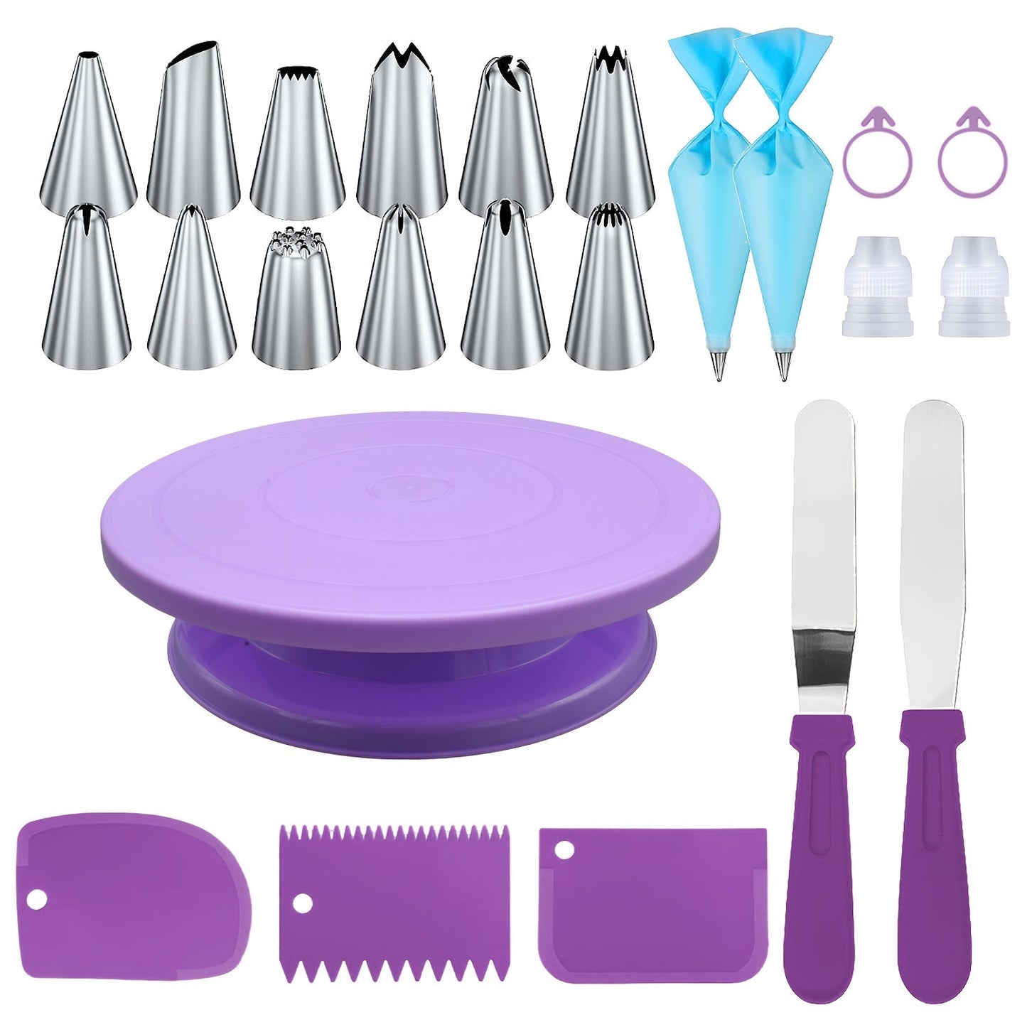 Cake decorating set includes 24 stainless steel piping nozzles, 12 piping nozzles, 1 cake turntable, 2 reusable piping bags, 2 silicone rings, 2 converters, 2 cream spatulas, and 3 cream scrapers. Perfect for creating beautifully decorated cakes and